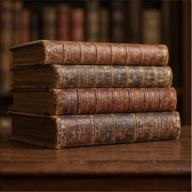Stack of leather-bound antique books