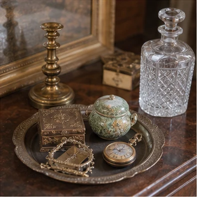 Curated tray of antique curios and glassware