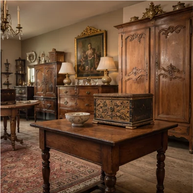 Warm antique shop interior filled with carved wood furniture